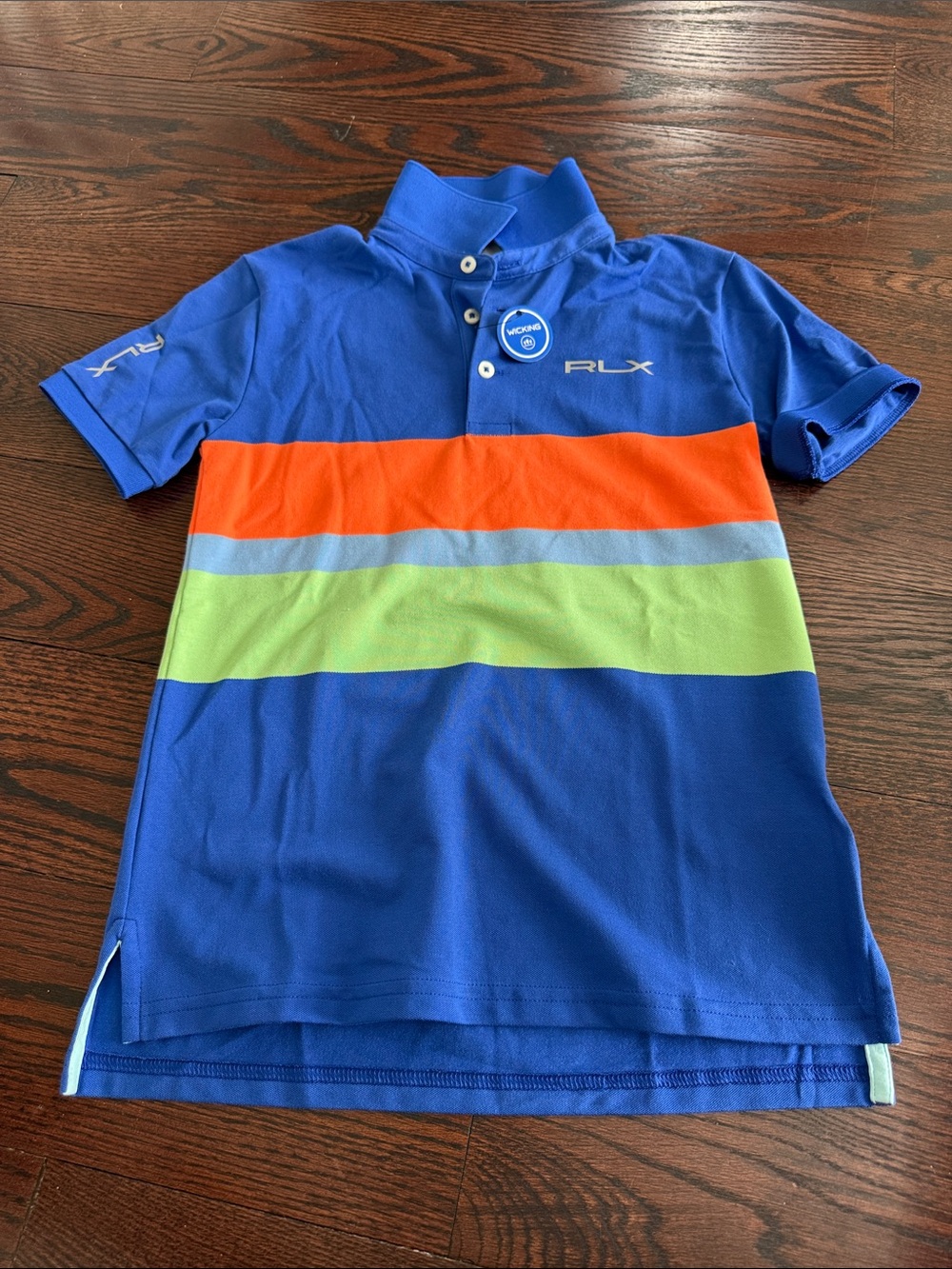 RLX Ralph Lauren Blue Polo with Orange, Lime & Light Blue Stripes